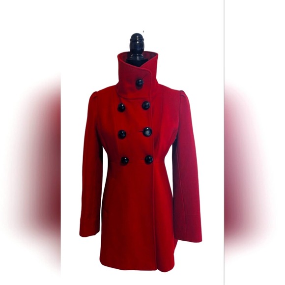 Guess Jackets & Coats Guess Large Lapel Red Wool Retro Fitted Dress Coat With Black Buttons